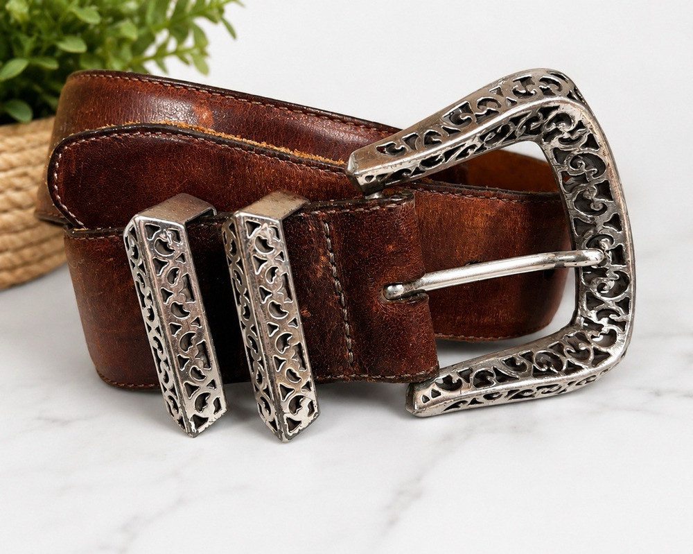 Vintage Brighton Sundance Brown Leather Belt Ornate Filigree Buckle USA Small